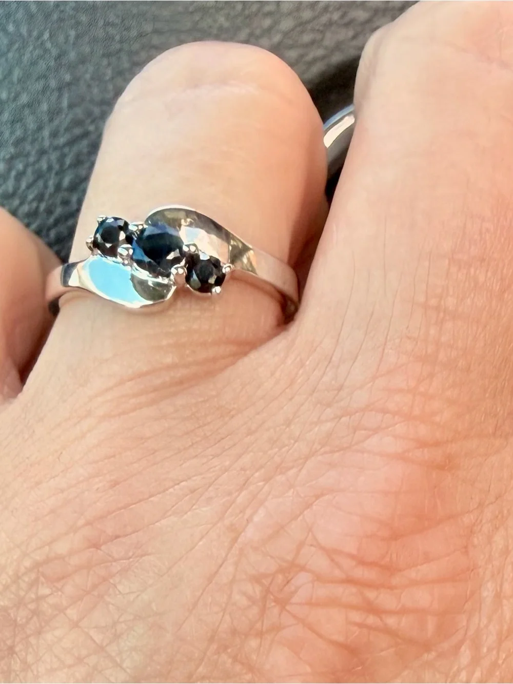 14K White Gold/925 Sterling Silver Black Sapphire Ring